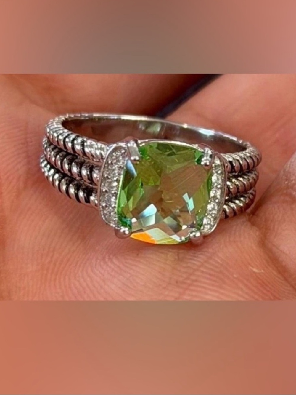 David Yurman Sterling Silver Petite Peridot & Diamond Wheaton Ring Size 6.5